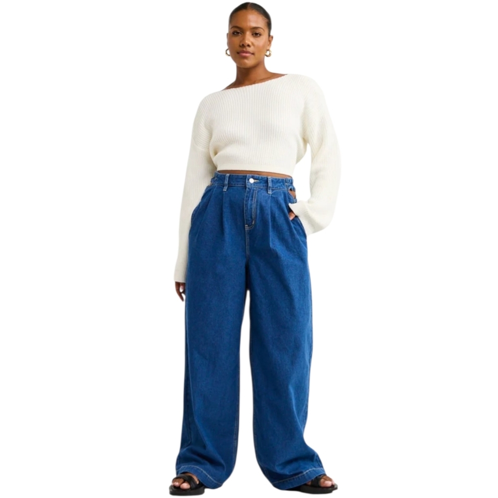 Sovere x Free People Advance Denim Pants Hip Cutout Wide Leg Mid Blue Large NWT